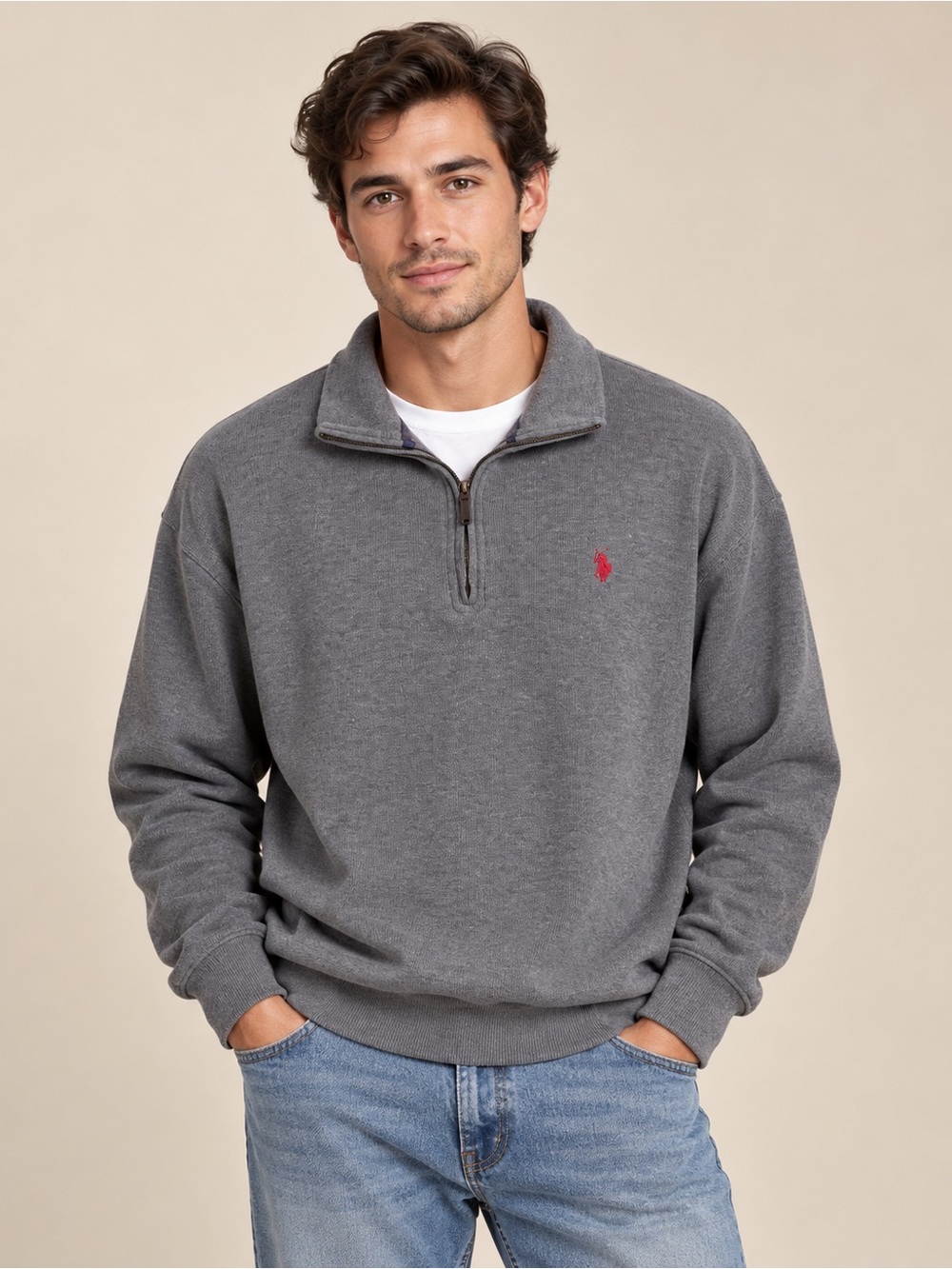 U.S. Polo Assn. Grey Preppy Quarter Zip Sweater